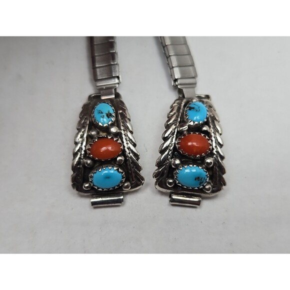 Native American Navajo Sterling Turquoise Coral Watch Tips With Expansion Band - Picture 1 of 11